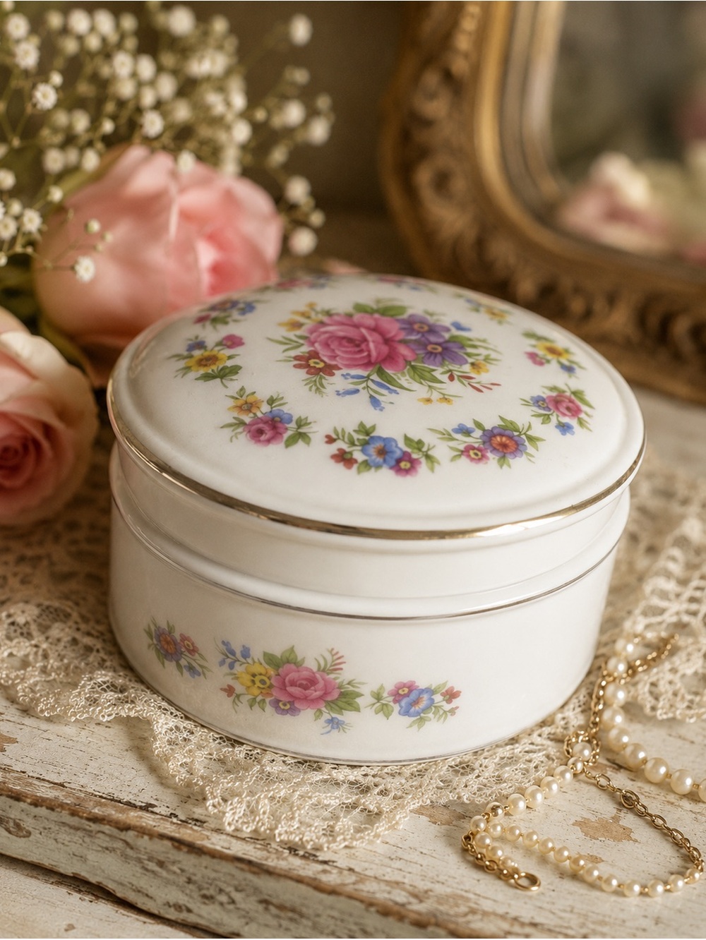 Vintage Sadler England Floral Porcelain Trinket Box - Cream‎ Pink Gold